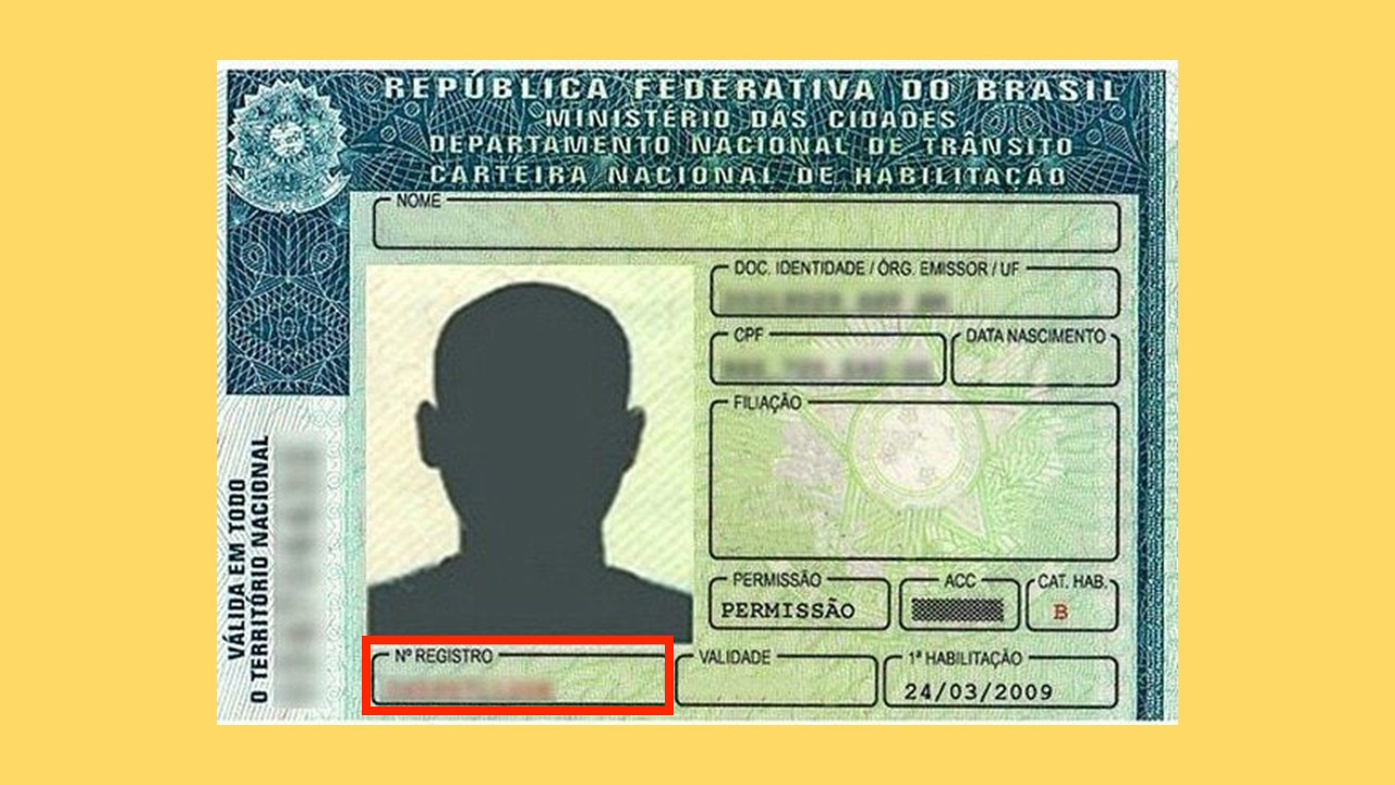 Exemplo de onde encontrar o número de registro da CNH